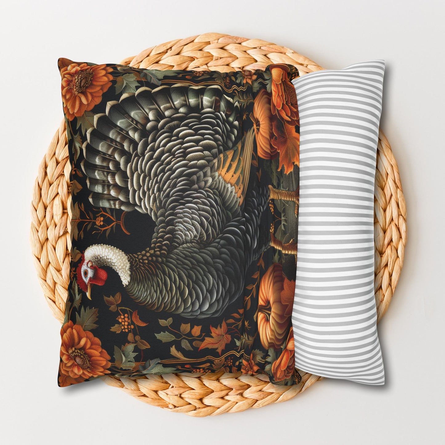 Thanksgiving Turkey Pillowcase, Autumn Harvest Cushion with Pumpkins & Flowers, Rustic Fall Farmhouse Decor