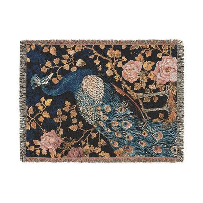 Art Deco Peacock William Morris Inspired Woven Blanket, Cozy Fall Home Decor Cotton Blanket