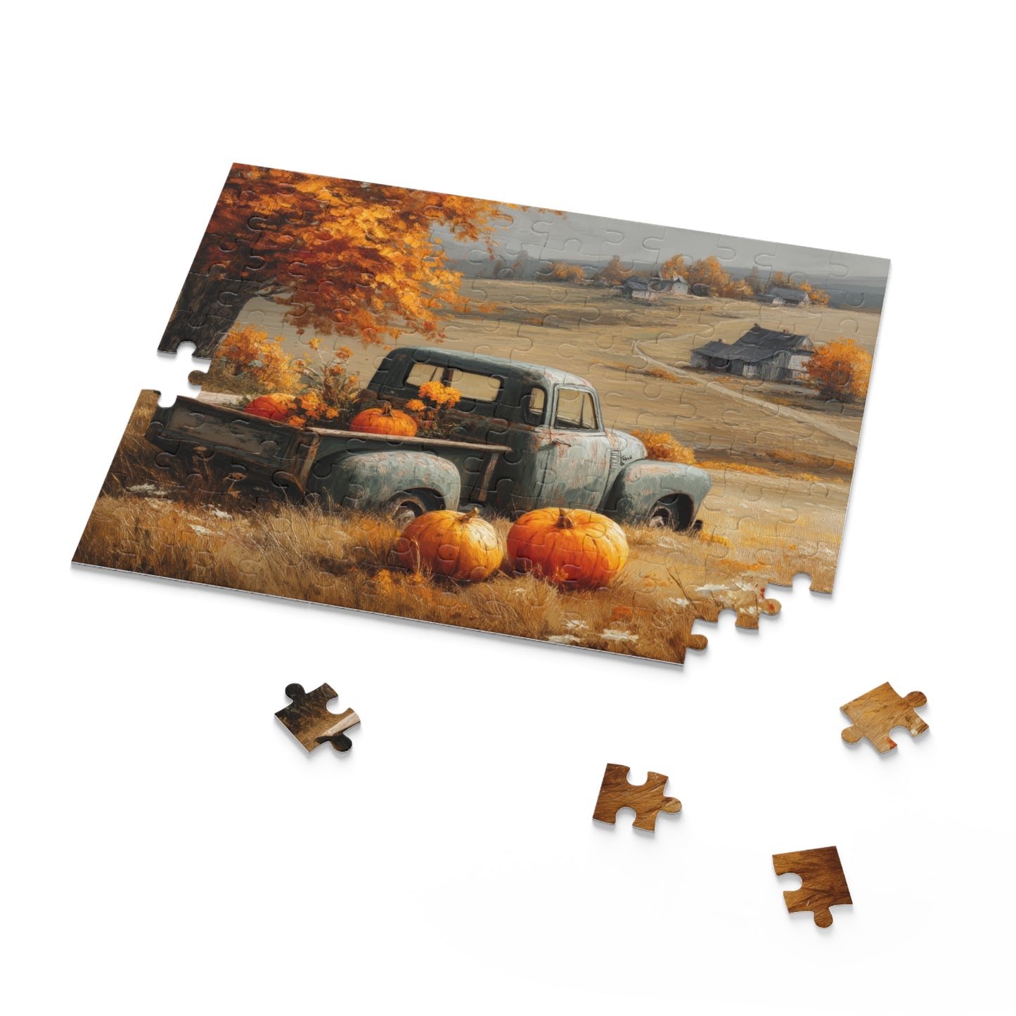 Autumn Vintage Truck Puzzle, Rustic Fall Farmhouse Jigsaw with Pumpkins (120, 252, 500 Pieces)