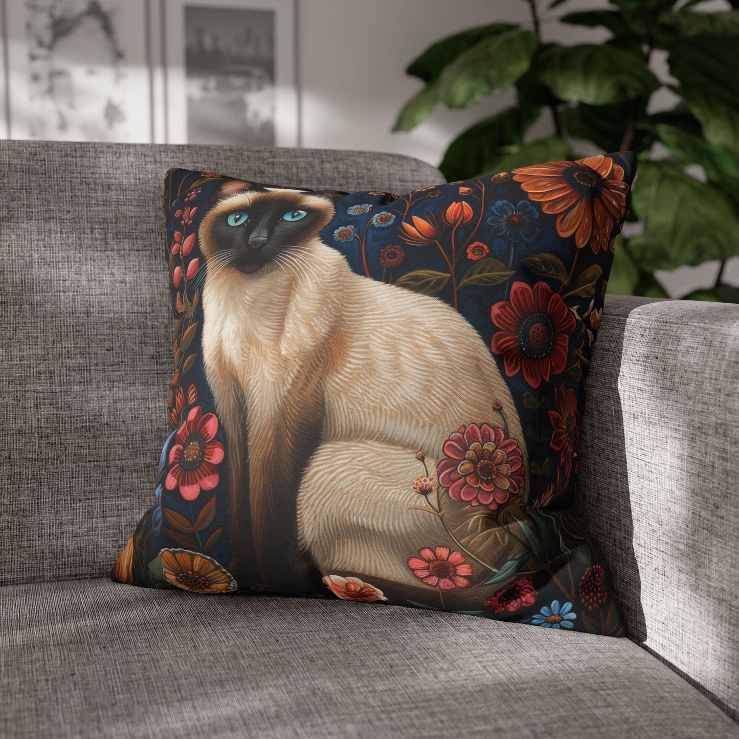 William Morris Inspired Siamese Cat Flower Garden Pillowcase
