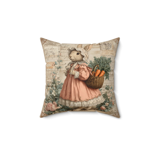 Vintage Bunny with Carrot Basket Pillow, Victorian Farm Garden Decor