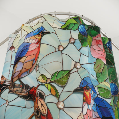 Faux Stained Glass Blue Birds Roses Field Polyester Shower Curtain