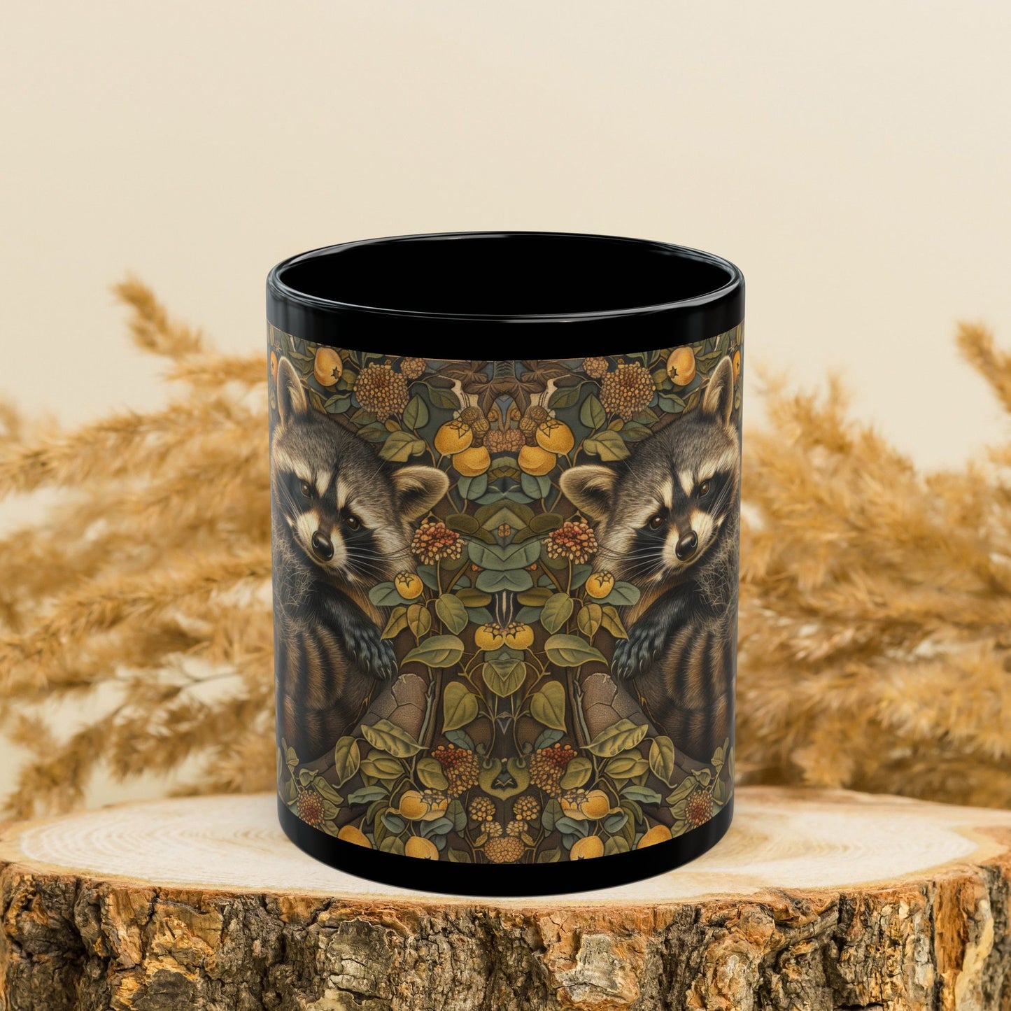 Woodland Raccoon William Morris Inspired Black Mug (11oz, 15oz)
