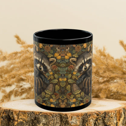 Woodland Raccoon William Morris Inspired Black Mug (11oz, 15oz)