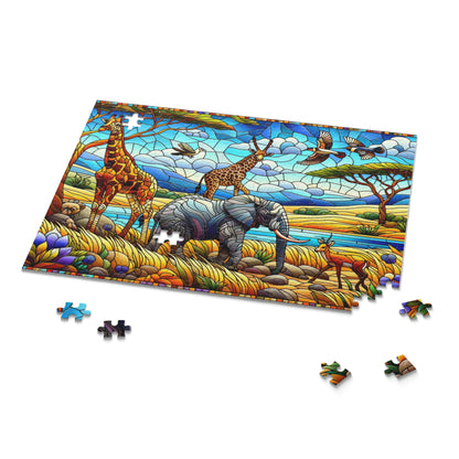 Stained Glass African Savanna forest landscape scene Jigsaw Puzzle (120, 252, 500-Piece)