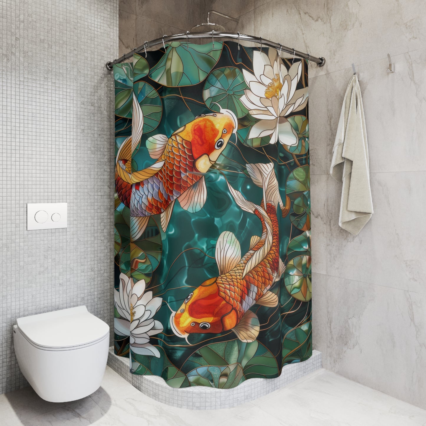 Faux Stained Glass Koi Fishes Water Lily Polyester Shower Curtain