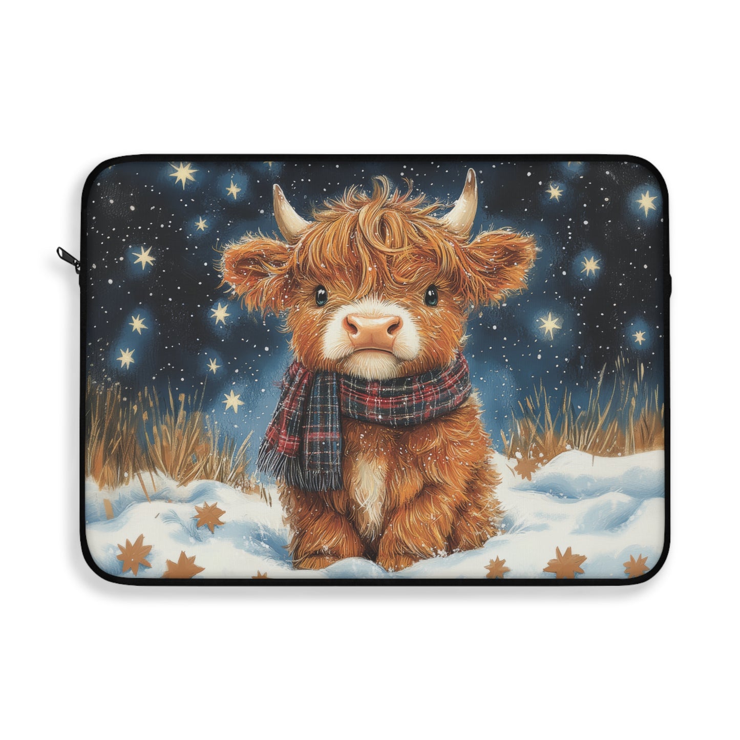 Winter Highland Cow Laptop Sleeve, Cozy Christmas Cow Art Case, Cute Scottish Highland Calf in Snow Laptop Cover (12”, 13”, 15”)