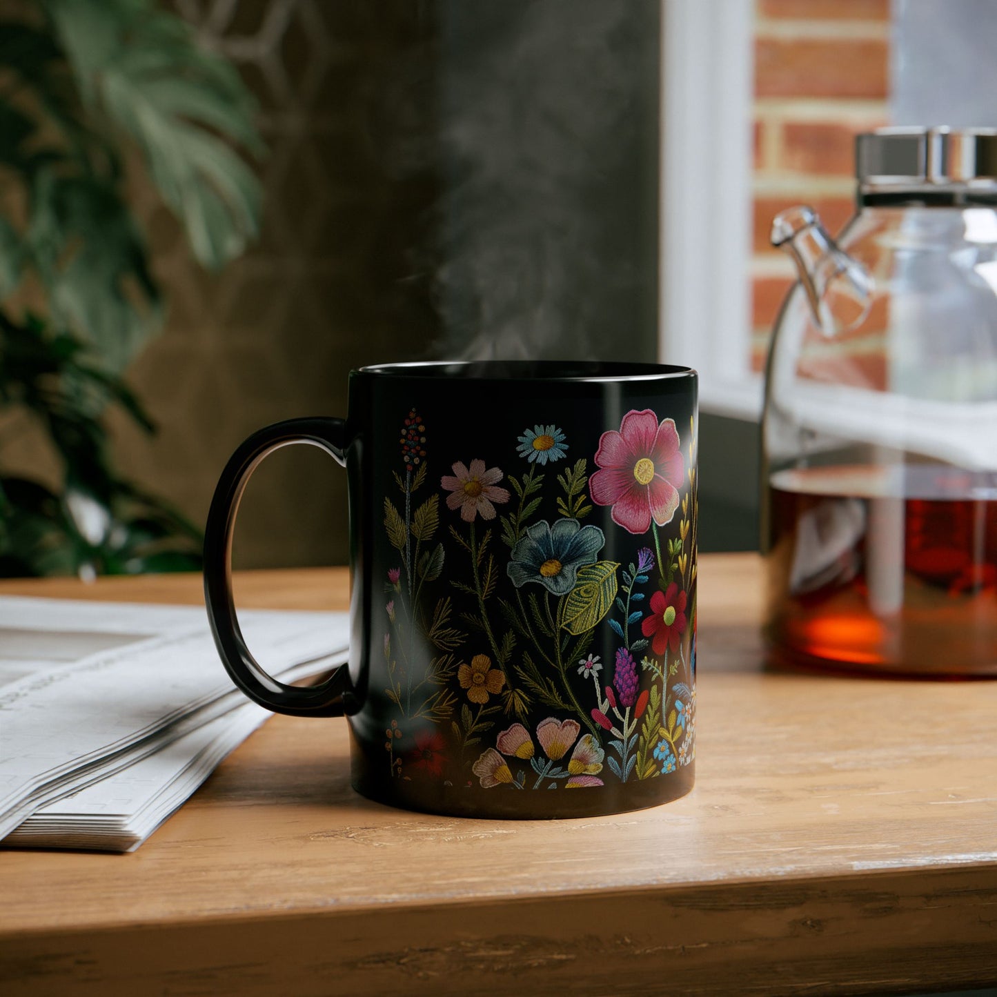 Embroidery Beautiful Wildflowers Black Coffee Mug, Wildflowers Kitchenware Black Mug 11oz, 15oz ,