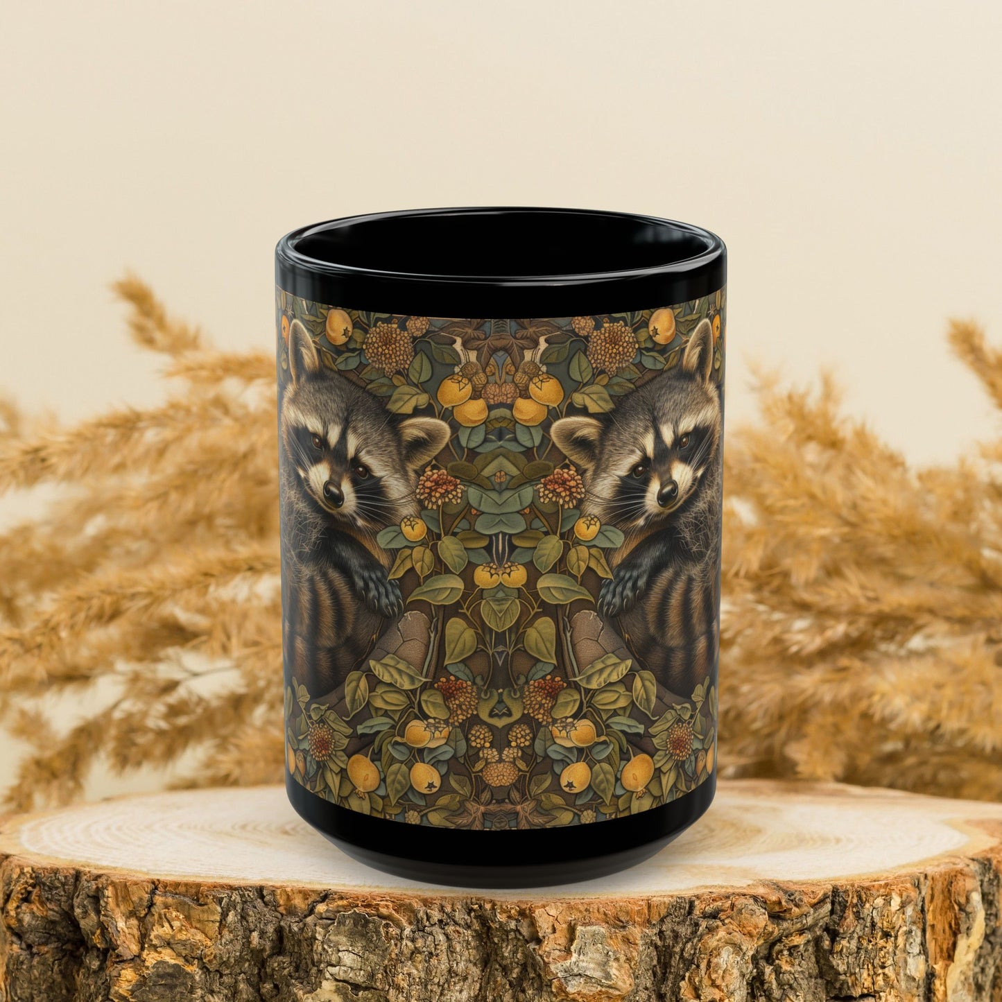 Woodland Raccoon William Morris Inspired Black Mug (11oz, 15oz)