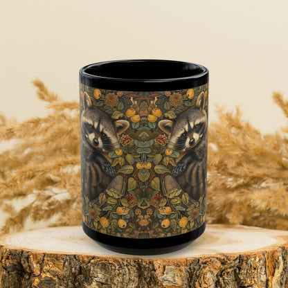 Woodland Raccoon William Morris Inspired Black Mug (11oz, 15oz)