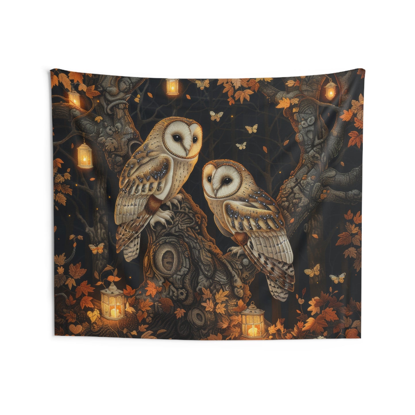 Enchanted Forest Owls Magical Night Indoor Wall Tapestries, William Morris Inspired Tapestry Art, Home Decor, Dorm Room, Boho Chic