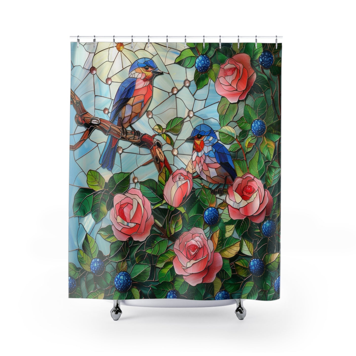 Faux Stained Glass Blue Birds Roses Field Polyester Shower Curtain