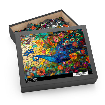 Stained Glass Peacock Wildflowers Puzzle Box (120, 252, 500-Piece) Family Jigsaw Puzzle, Puzzle Box Gift