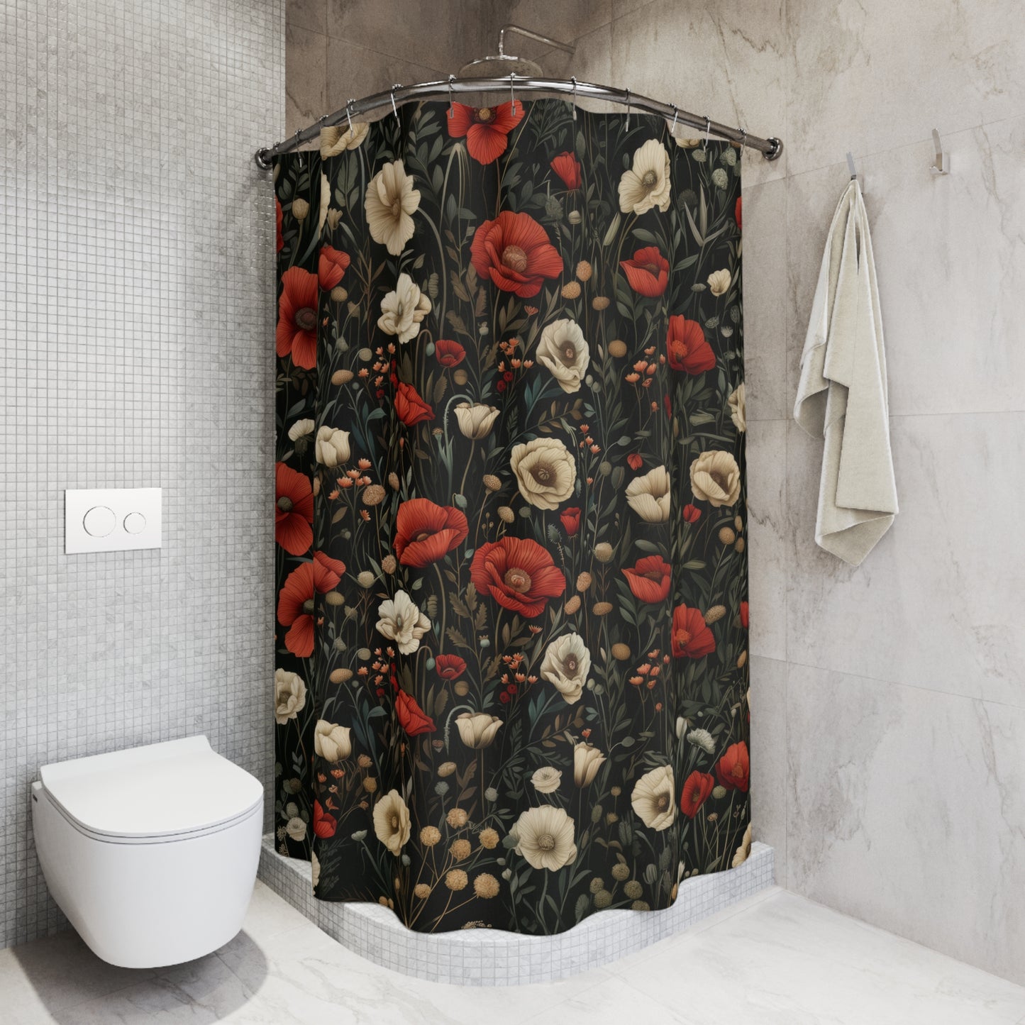 William Morris Inspired Botanical Floral and Red Poppies Polyester Shower Curtain