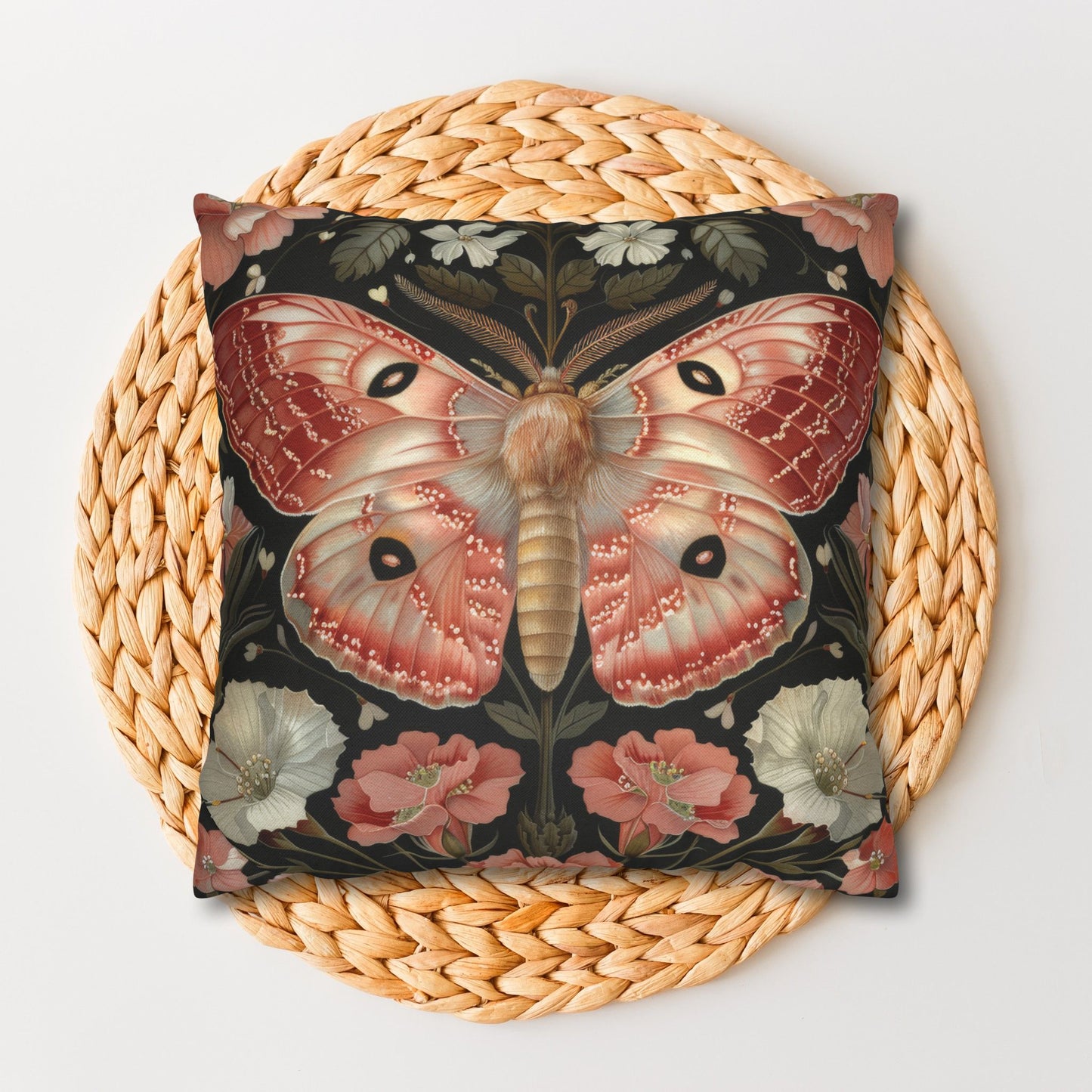 William Morris Inspired Woodland Pink Primrose Moth Decorative Pillowcase