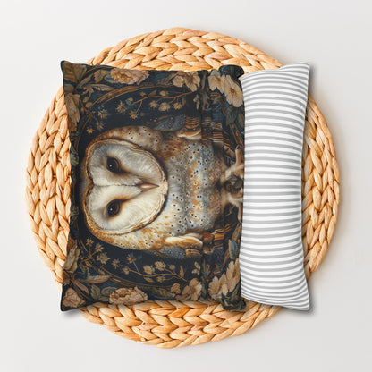 William Morris Inspired, Forest Floral Art, Decorative Barn Owl Cushion,  Spun Polyester Square Pillowcase