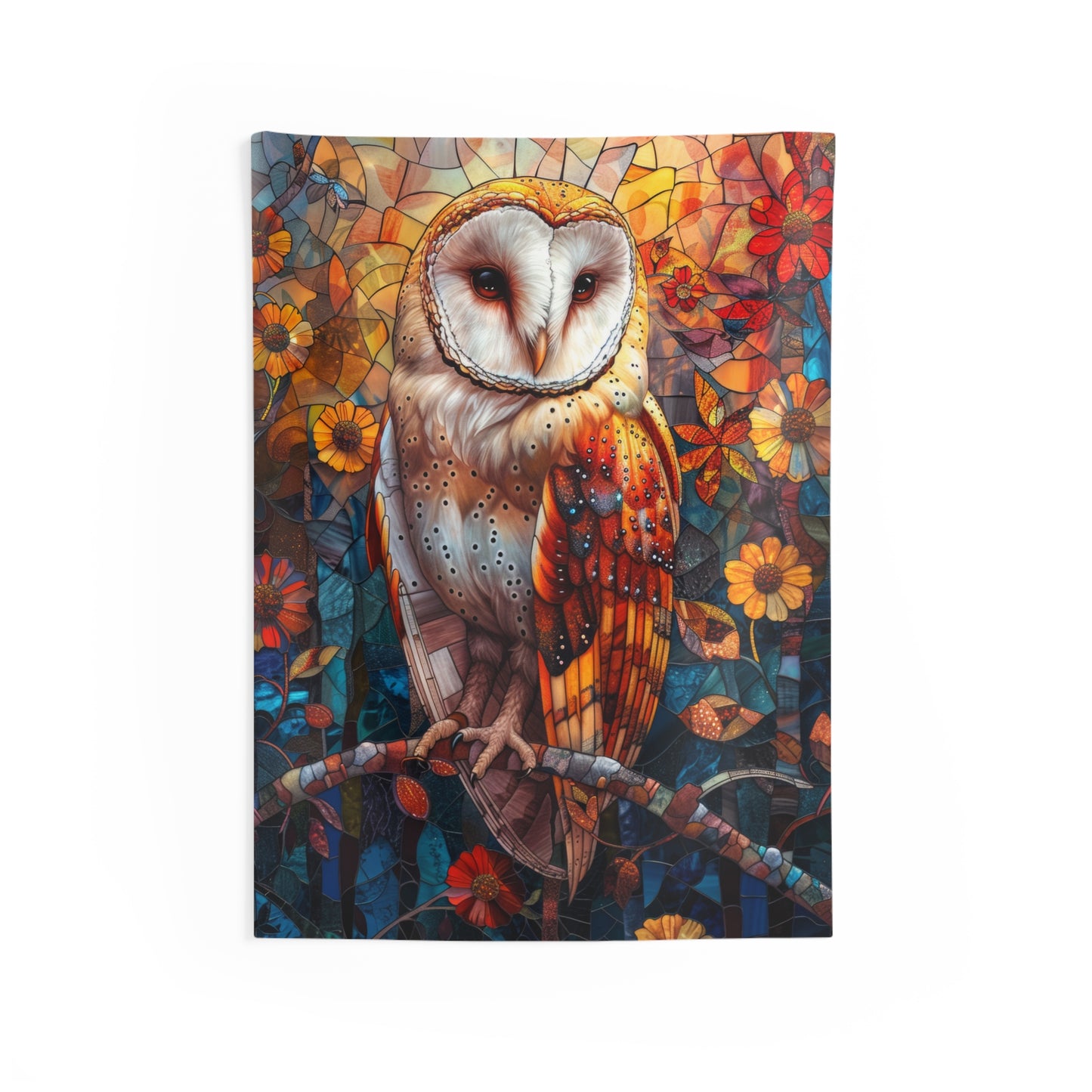 Tapestry of Forest Barn Owl Faux Stained Glass Vibrant Psychedelic Art Wall Tapestries