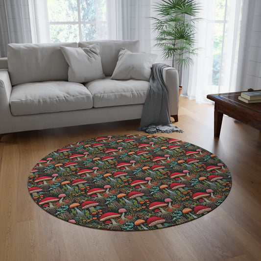 Wild Mushrooms Cottage Embroidery Pattern Round Area Rug, Housewarming Gift