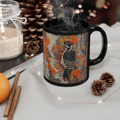 Woodpecker Black Mug - Vibrant Forest Bird Coffee Cup, Botanical Woodland Art Gift, Rustic Nature Drinkware