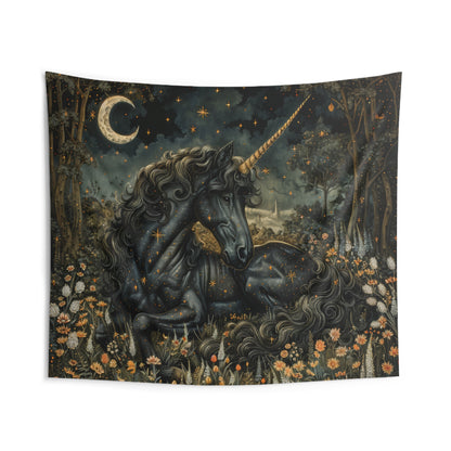 Victorian Black Unicorn Whimsical Night William Morris Inspired Tapestry Wall Art