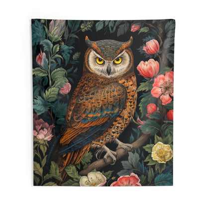 Tapestry of Floral Night Owl | William Morris Medieval Style Wall Art | Cottagecore Hanging and Home Decor