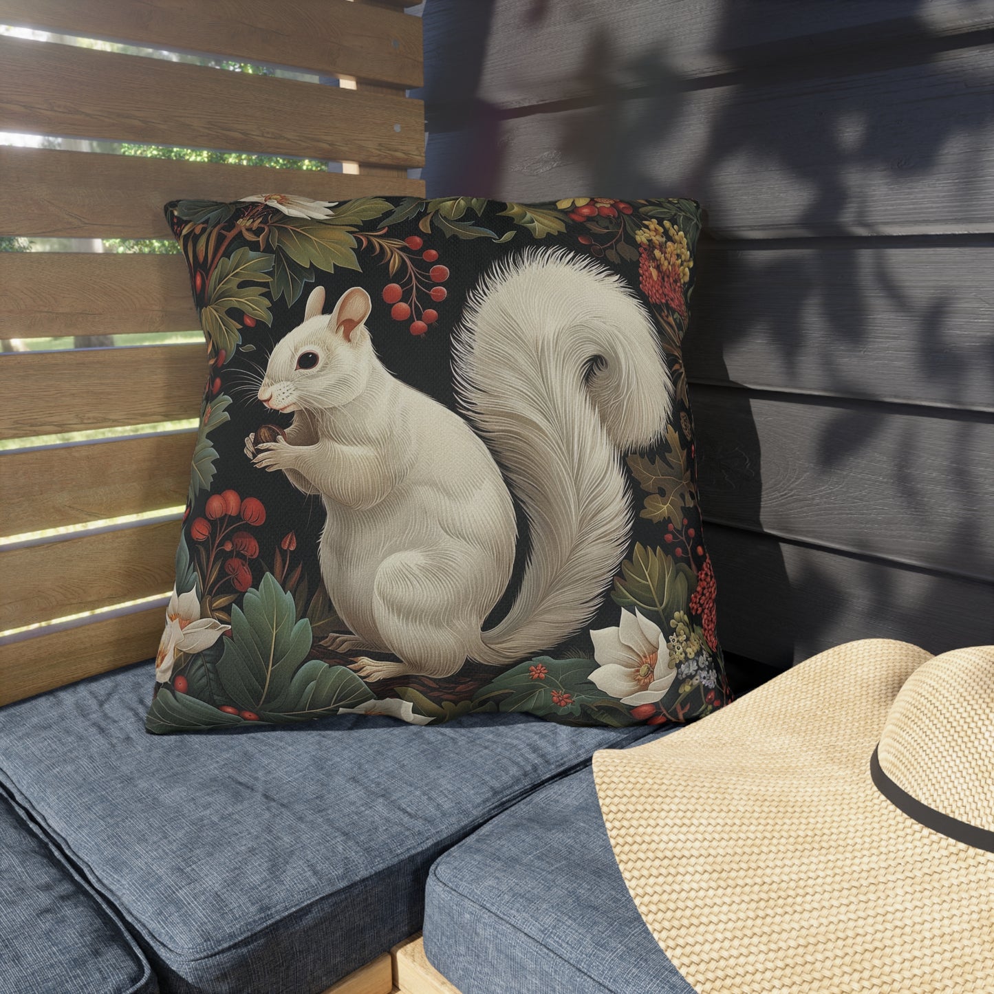 White Squirrel Outdoor Pillow, Woodland Animal Throw Pillow, Nature Cushion, Forest Decor Pillow, Rustic Cabin Accent Pillow, Wildlife Gift, Botanical Pillow
