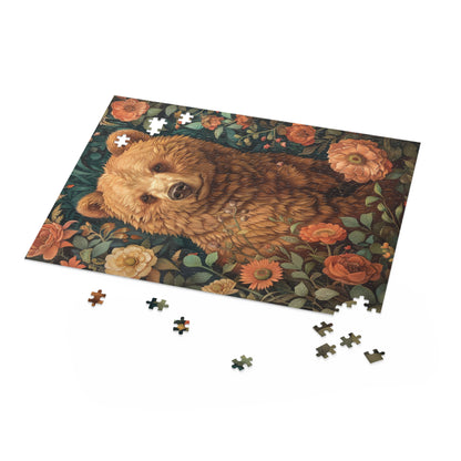 William Morris Inspired Brown Bear Wildflowers Puzzle Box (120, 252, 500-Piece) Family Jigsaw Puzzle, Puzzle Box Gift