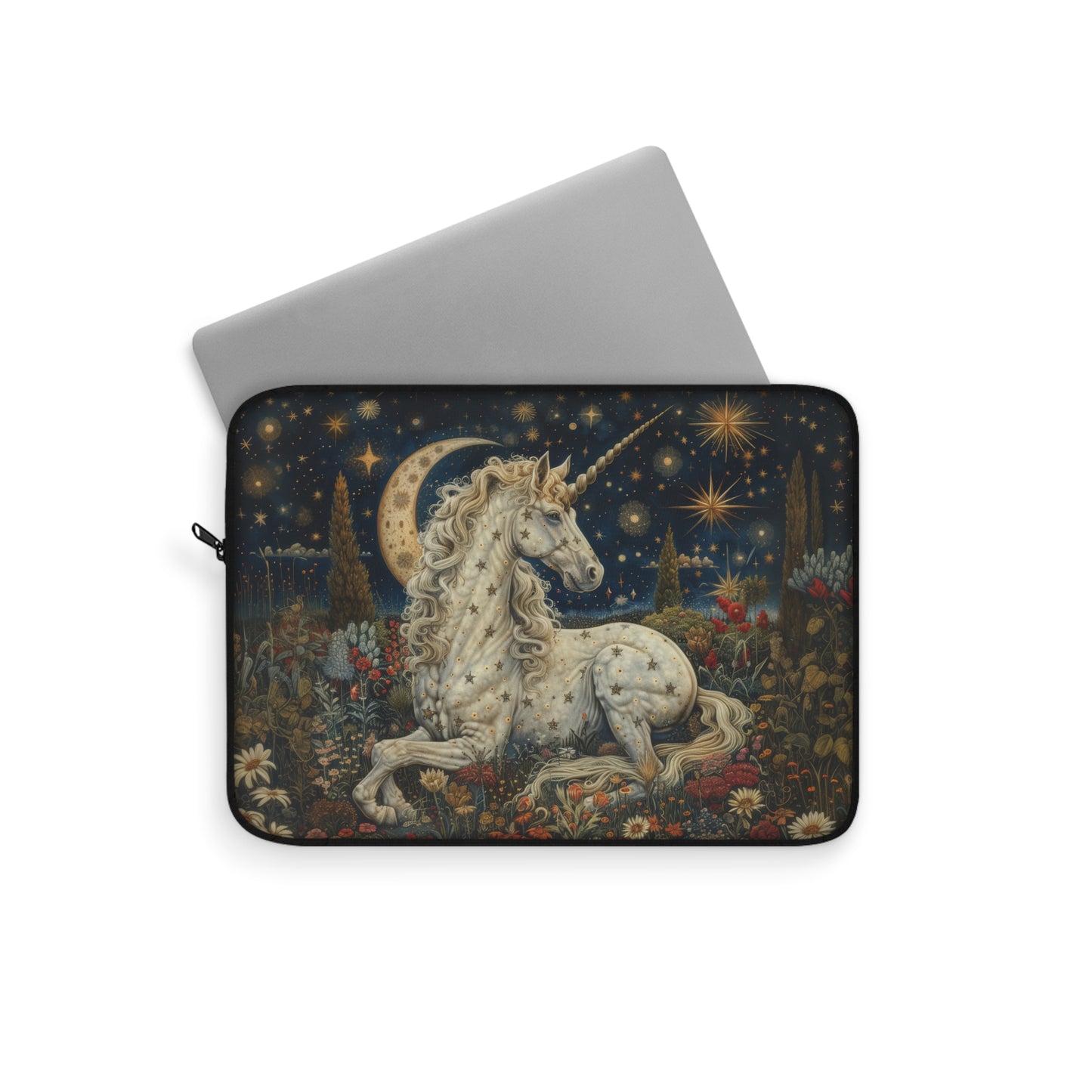 Celestial Unicorn Laptop Sleeve, Starry Night Fantasy Art Case, Mystical Moon & Floral Design Laptop Cover
