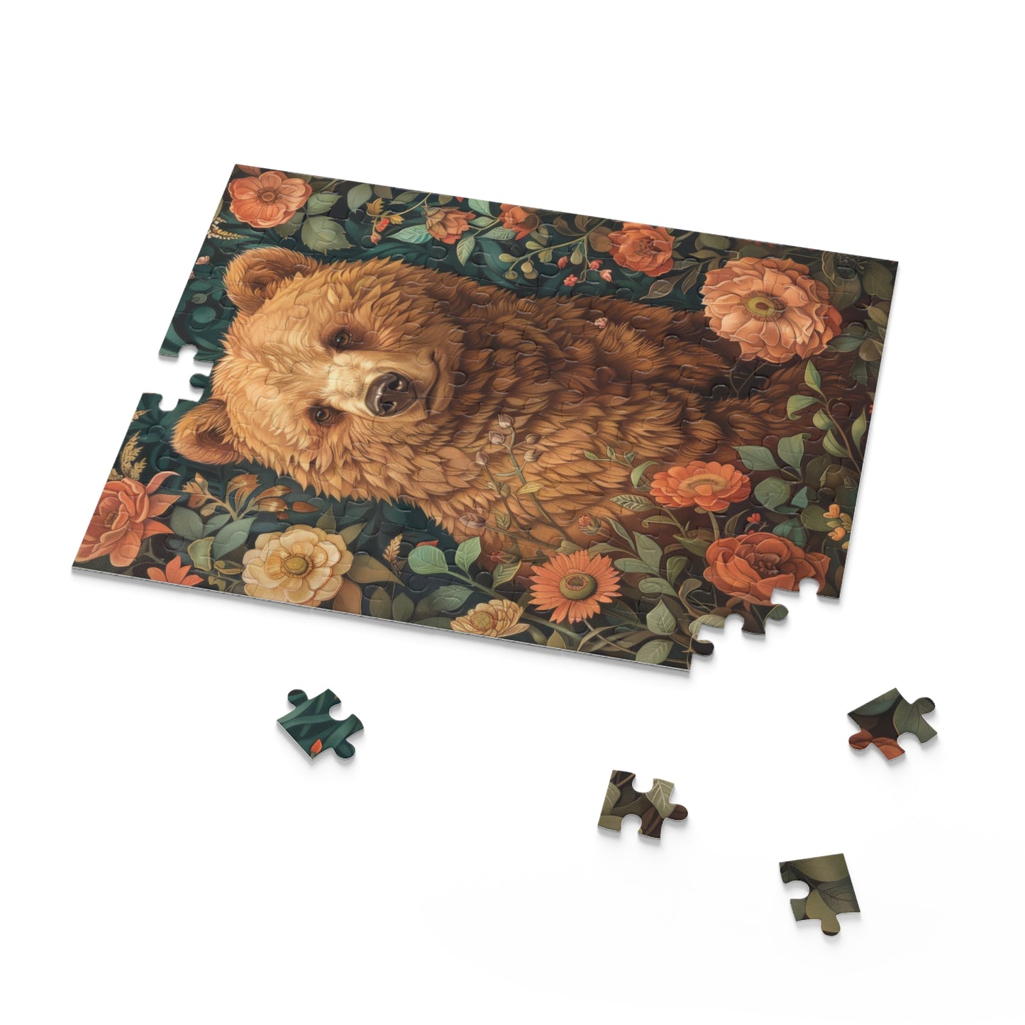 William Morris Inspired Brown Bear Wildflowers Puzzle Box (120, 252, 500-Piece) Family Jigsaw Puzzle, Puzzle Box Gift