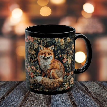 Forest Fox William Morris Inspired | Fox Ancient Black Coffee Mug For Her Him Ceramic Mug Black Mug 11oz, 15oz