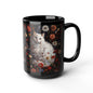 William Morris Inspired White Persian Cat Florals Garden Black Coffee Mug, Cat Lover Gift