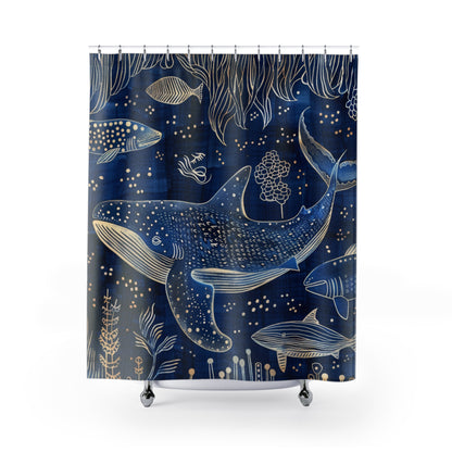 Indigo Ink Whale Shark Pattern Polyester Shower Curtain