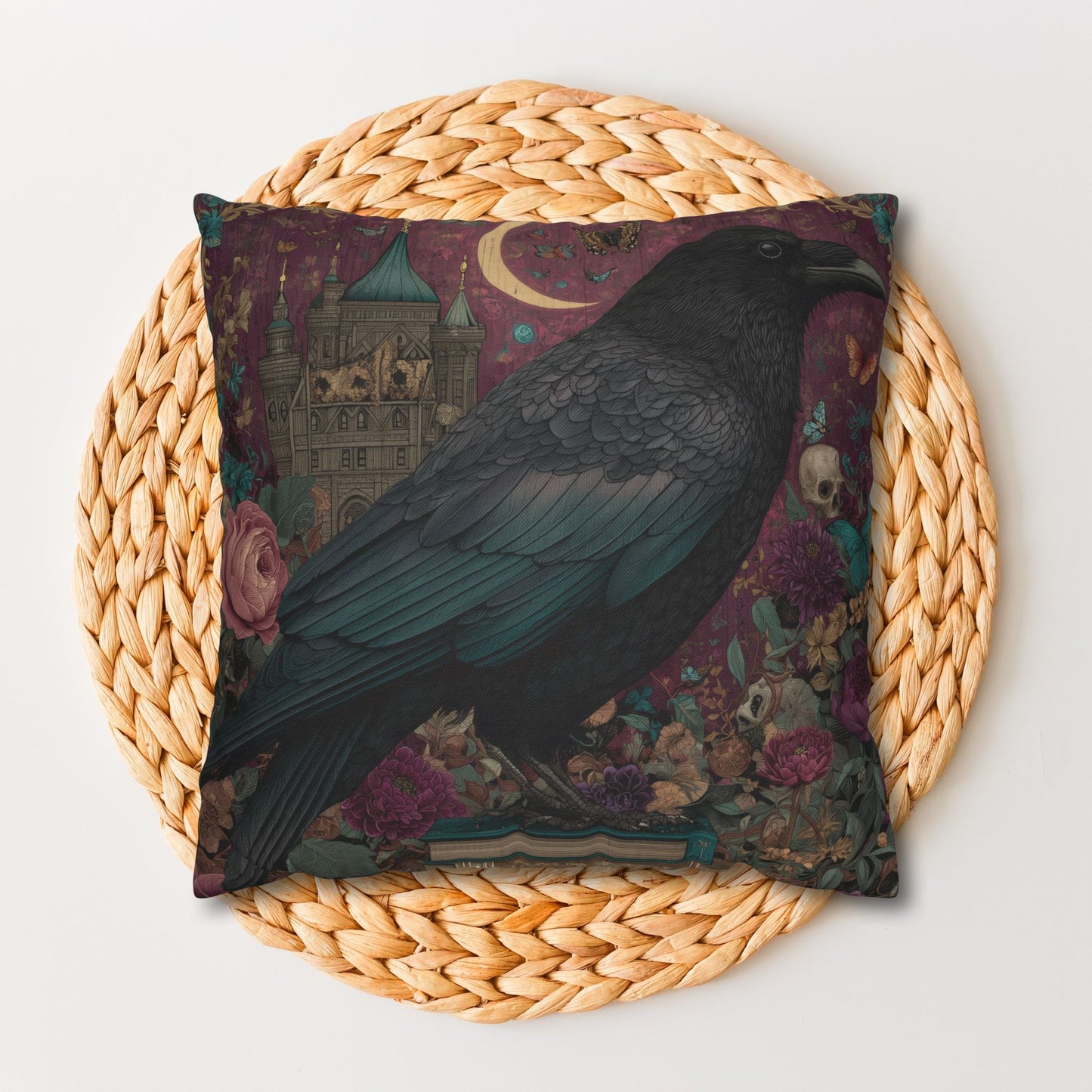 Mystical Raven Gothic Pillowcase with Floral Castle Art – Spooky Halloween Decor, Dark Academia Throw Pillow