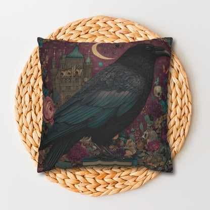 Mystical Raven Gothic Pillowcase with Floral Castle Art – Spooky Halloween Decor, Dark Academia Throw Pillow
