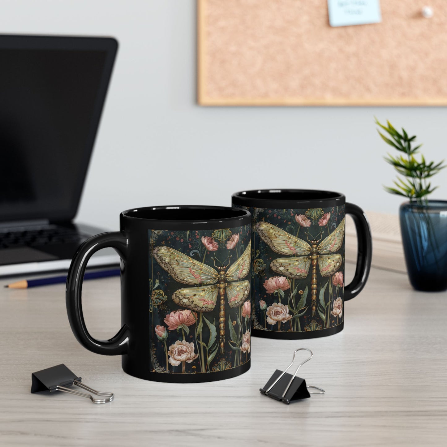 Victorian Dragonfly Coffee Mug, William Morris Inspired Pink Floral Black Ceramic Cup (11oz, 15oz)
