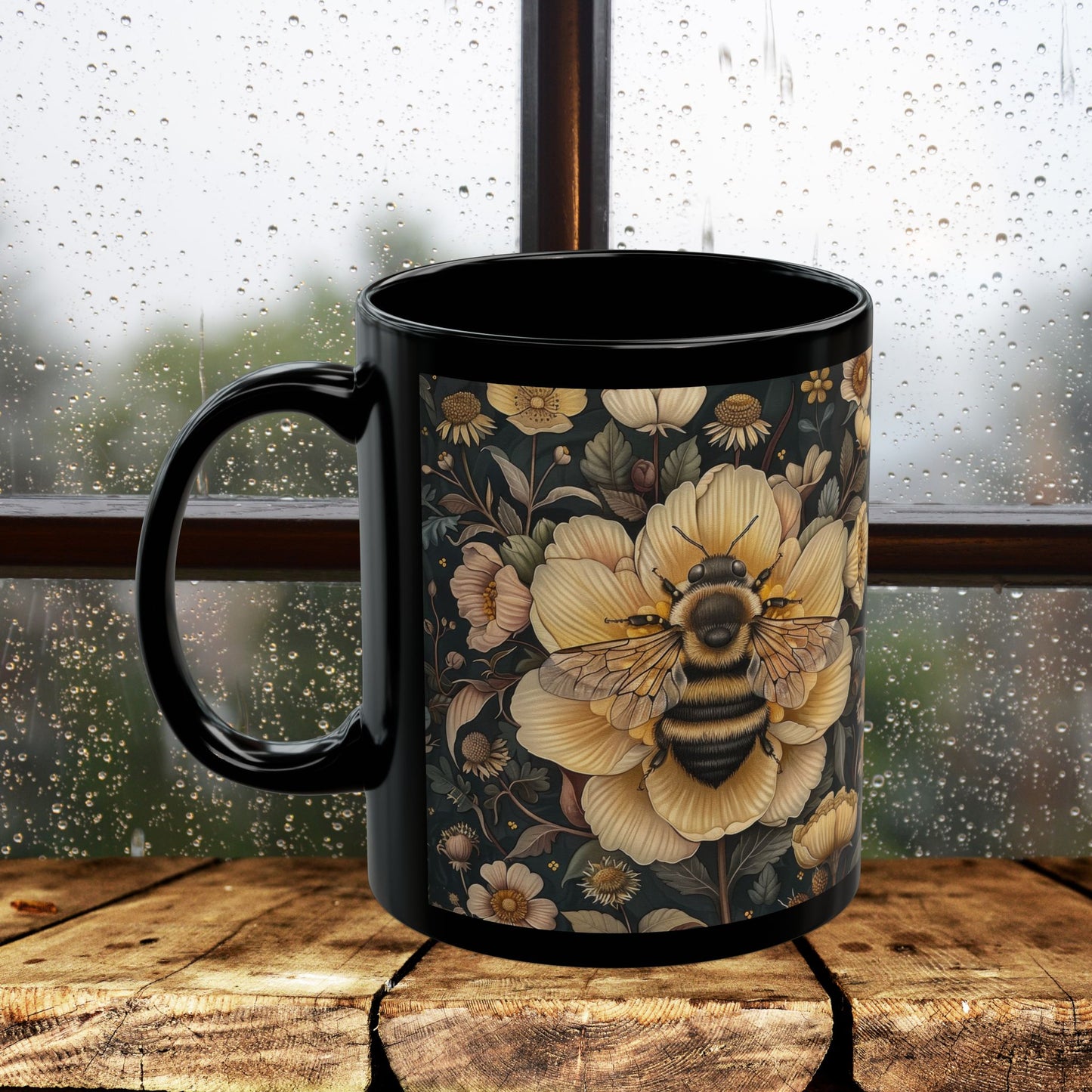 Botanical Bumblebee William Morris Inspired Black Coffee Mug For Her Him Ceramic Mug Black Mug 11oz, 15oz