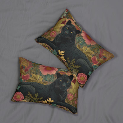 Black Panther Lumbar Pillow, Jungle Floral Cushion, Exotic Wildlife Decorative Accent