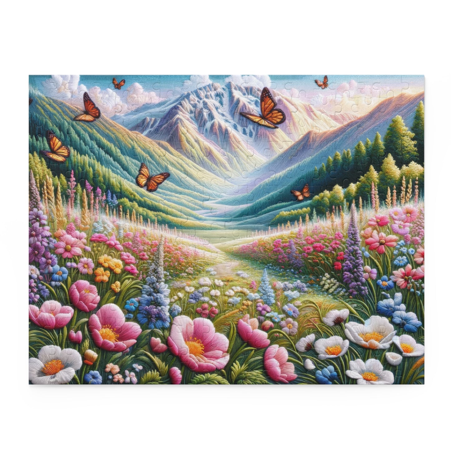 Field of Wildflowers and Butterflies Embroidered, Spring Scene Puzzle (120, 252, 500-Piece) Gift-Ready Box, Adult Jigsaw Puzzle