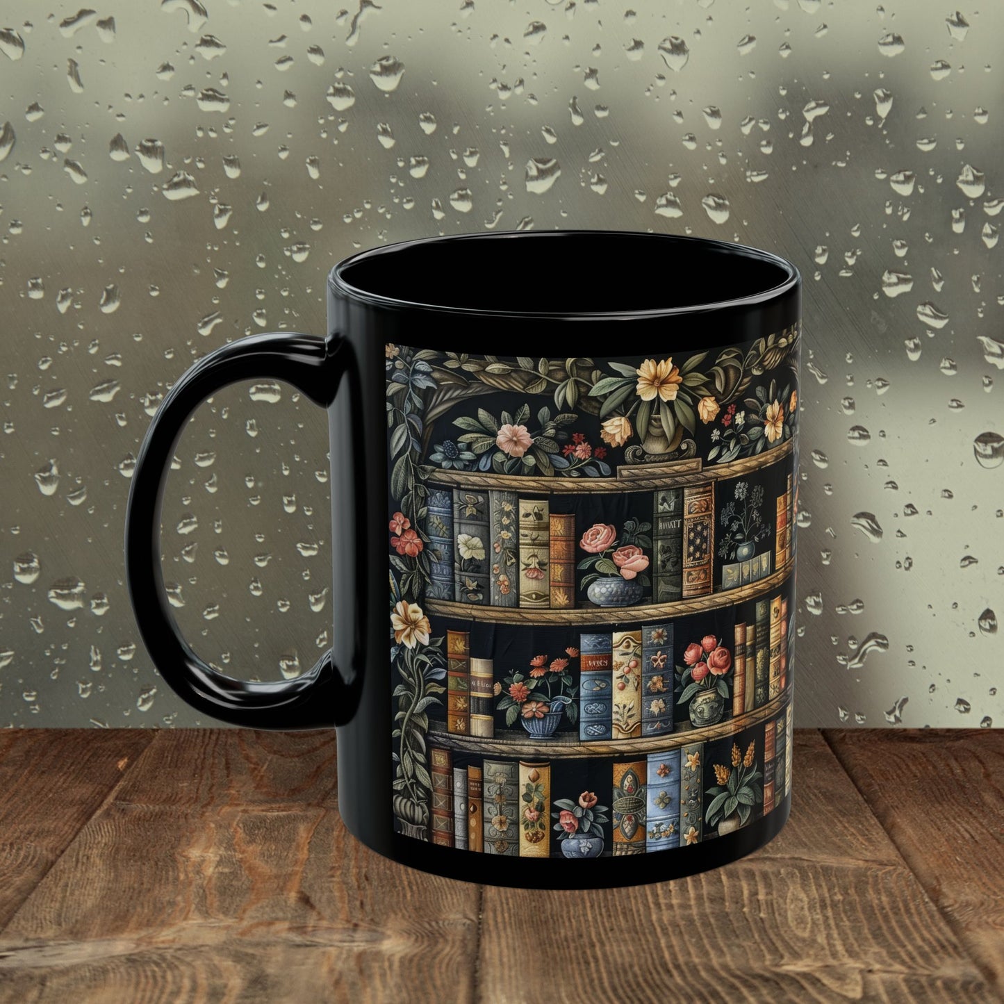 Vintage Bookshelf Mug, William Morris Style Library Black Ceramic Mug, Dark Academia Floral Book Lover Coffee Cup 11oz & 15oz