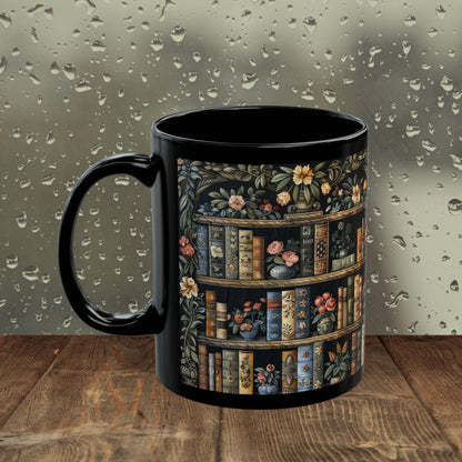 Vintage Bookshelf Mug, William Morris Style Library Black Ceramic Mug, Dark Academia Floral Book Lover Coffee Cup 11oz & 15oz