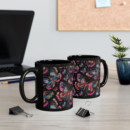 Pink Blue Butterfly Pattern Black Coffee Mug | Gift for Bird Lover Coffee Mug 11oz, 15oz