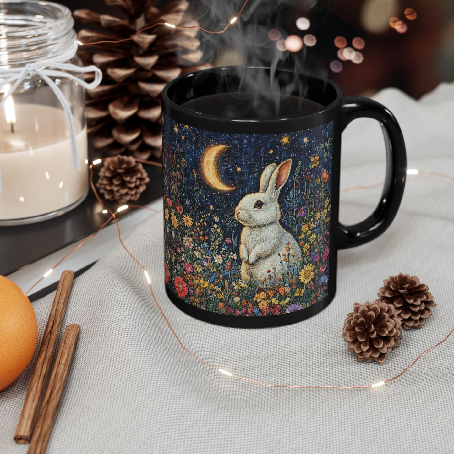 Rabbit Moon Wildflower Mug: Enchanting Bunny Coffee Cup