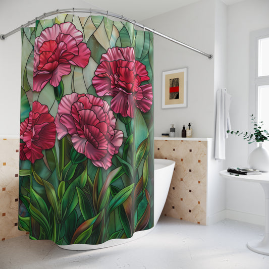Faux Stained Glass Carnation Flowers Polyester Shower Curtain
