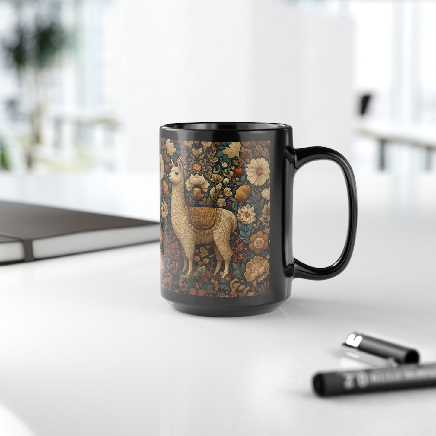 Vintage Floral Llama Mug | Black Ceramic Coffee Cup