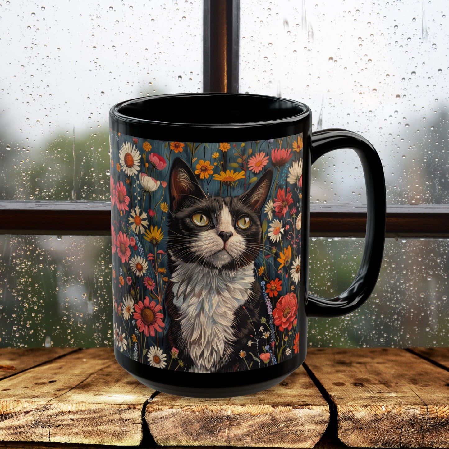 Tuxedo Cat Floral Mug, Vintage Botanical Cat Coffee Mug, William Morris Inspired Black Ceramic Mug 11oz & 15oz