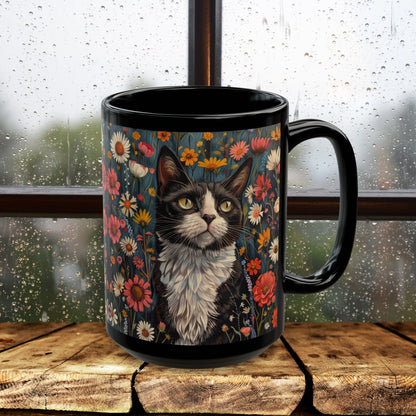 Tuxedo Cat Floral Mug, Vintage Botanical Cat Coffee Mug, William Morris Inspired Black Ceramic Mug 11oz & 15oz