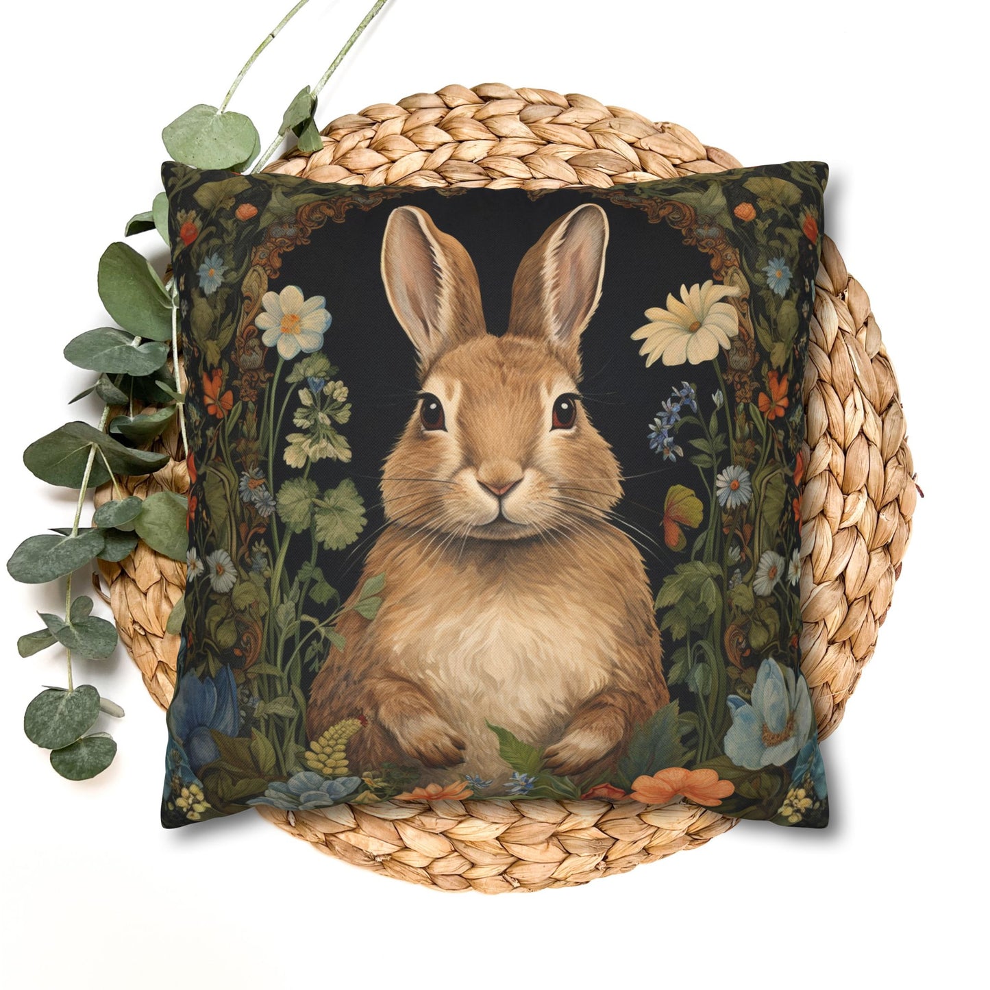 Rustic Bunny Floral Throw Pillowcase, Cute Rabbit Decorative Pillow Cover