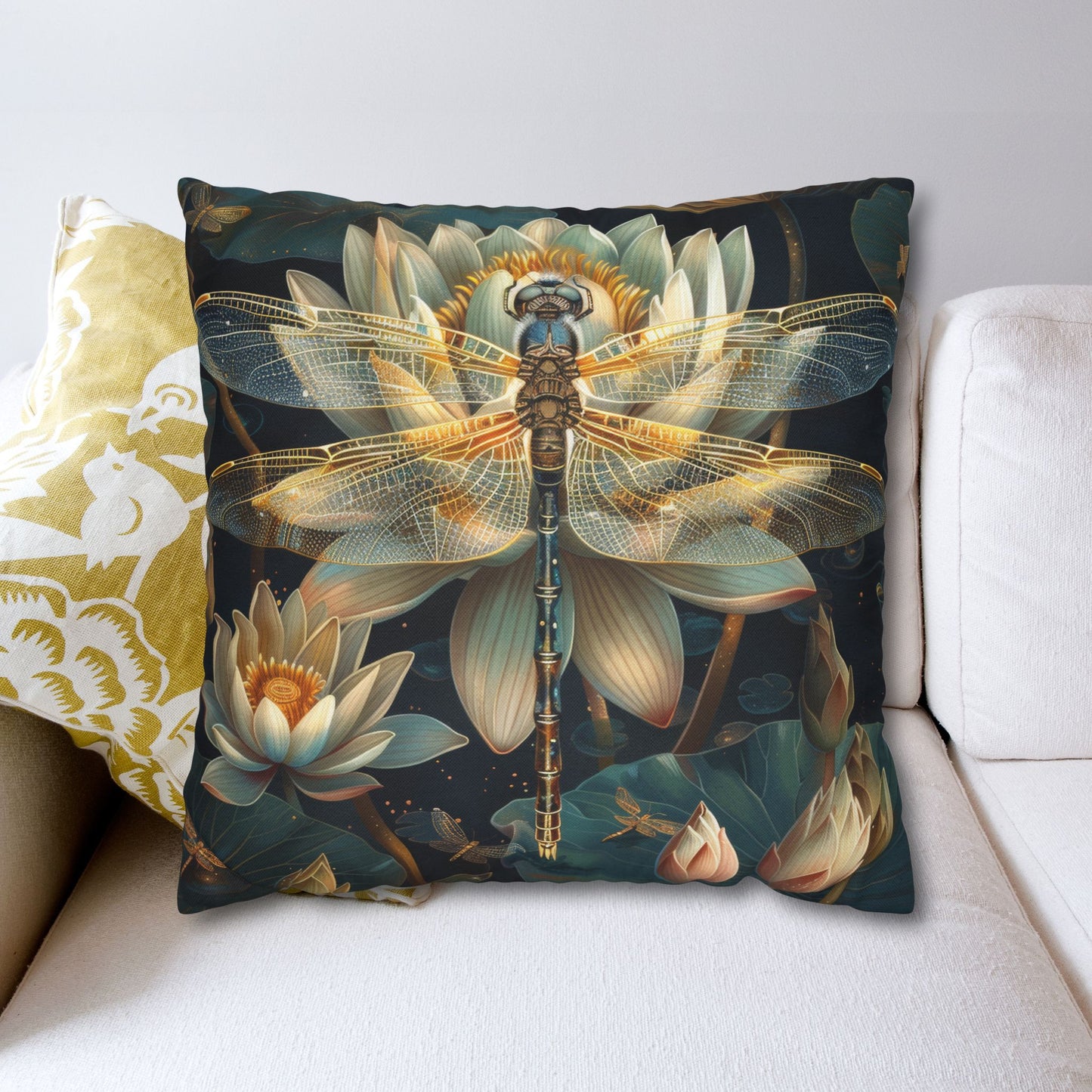 Art Deco Dragonfly White Water Lily Pillowcase