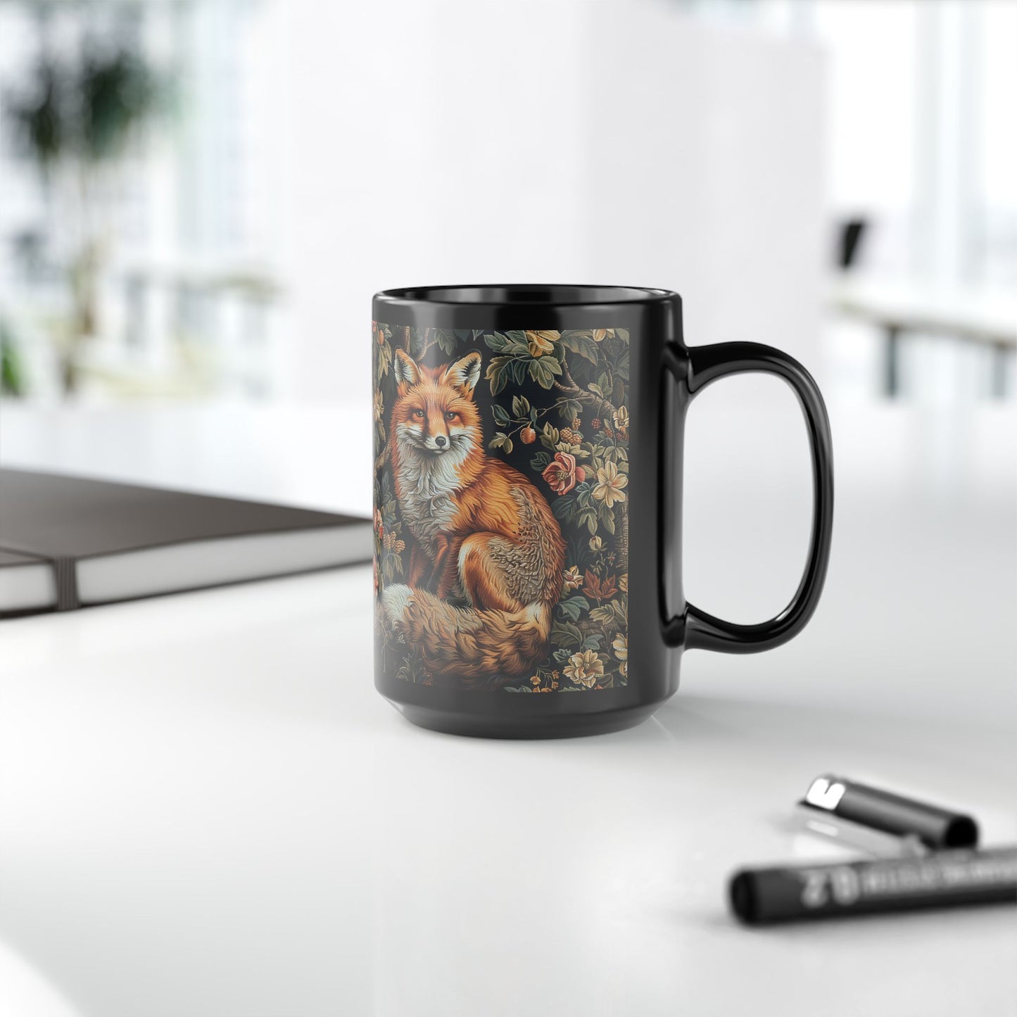 Forest Fox William Morris Inspired | Fox Ancient Black Coffee Mug For Her Him Ceramic Mug Black Mug 11oz, 15oz