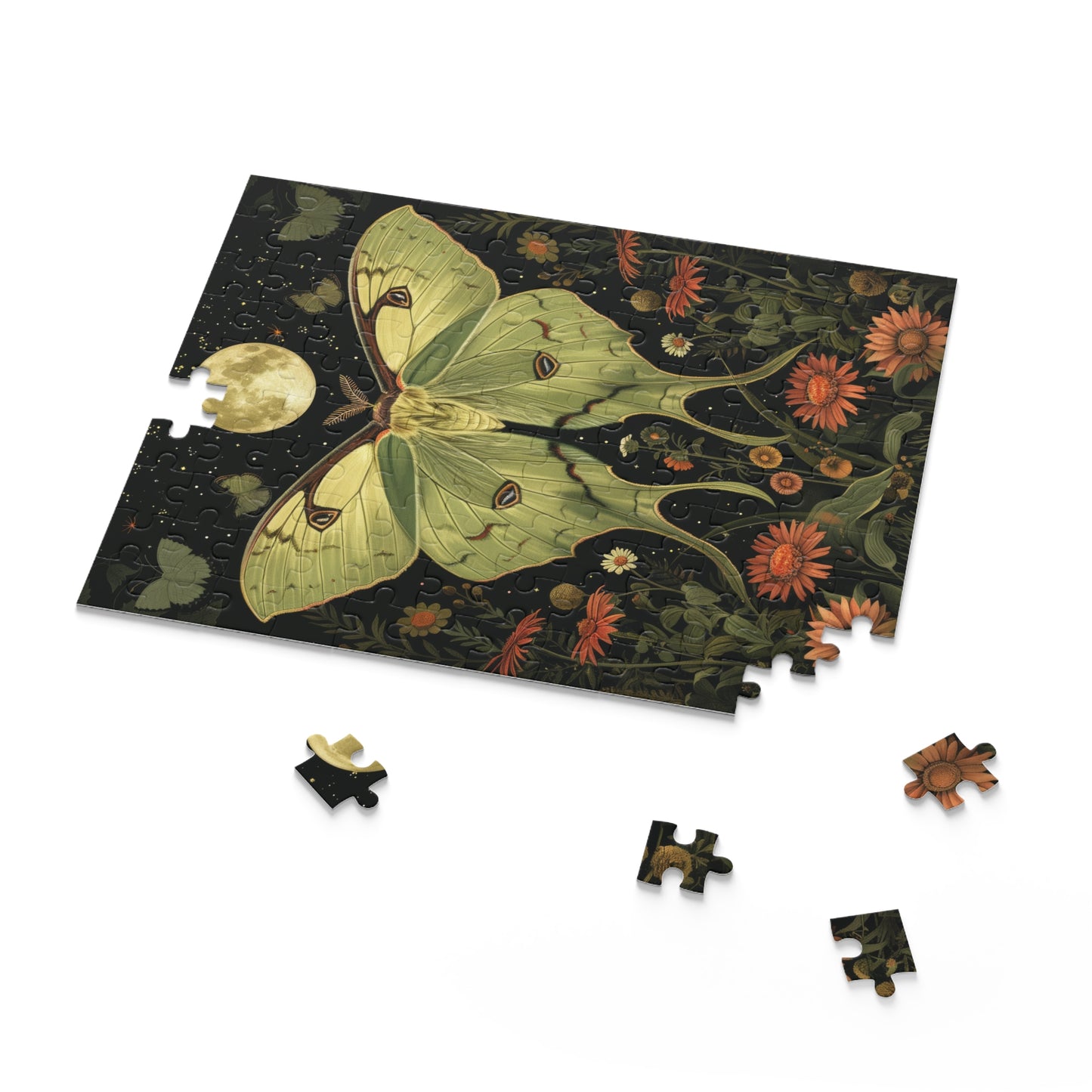 William Morris Inspired Magical Green Luna Moth Night Moon Puzzle Box (120, 252, 500-Piece) Family Jigsaw Puzzle, Puzzle Box Gift